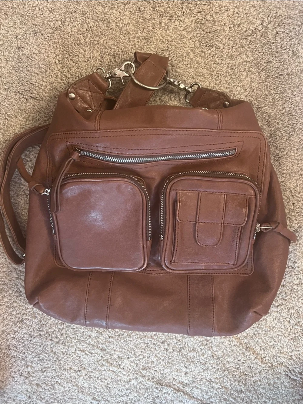 Casual Brown Leather Backpack Sling with Multifunction Pockets